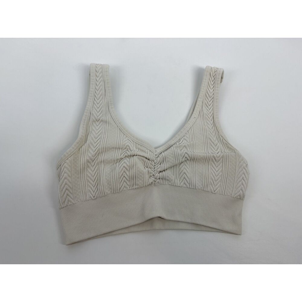 Cream Ribbed Knit Bralette | V-Neck Ruched Front Seamless Lounge Crop Top